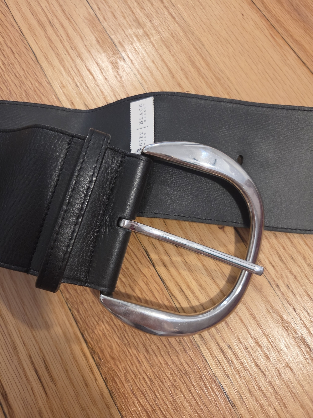 White House Black Market Black Leather Belt with Silver Curved Buckle